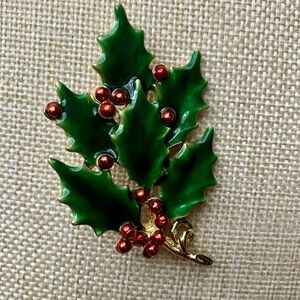 Festive Enamel Green & Red Holly Brooch